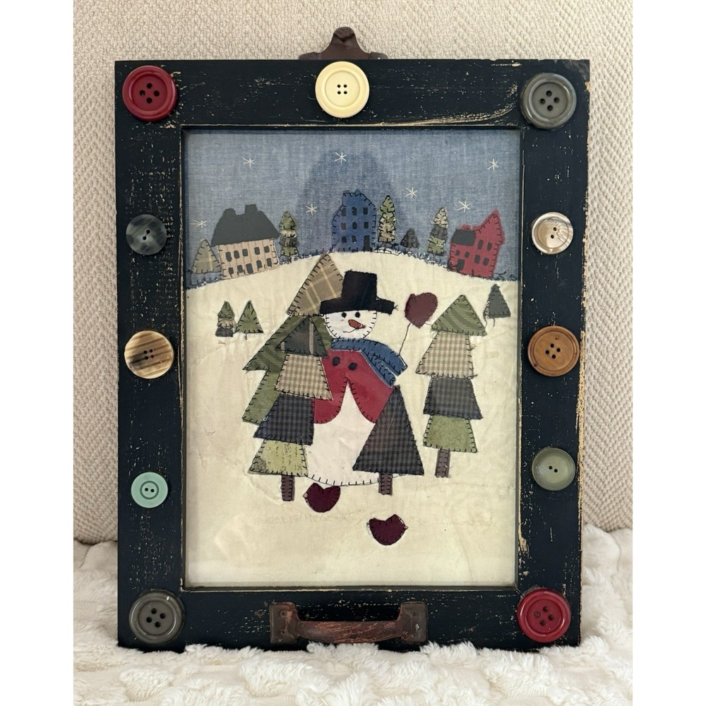 Vintage Quilted Snowman Village‎ Scene Folk-Art 16x12 Frame Buttons Cardinals